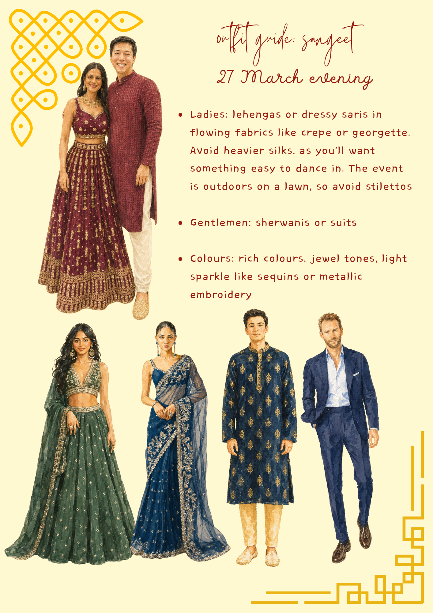 outfit guide: sangeet, 27 march evening